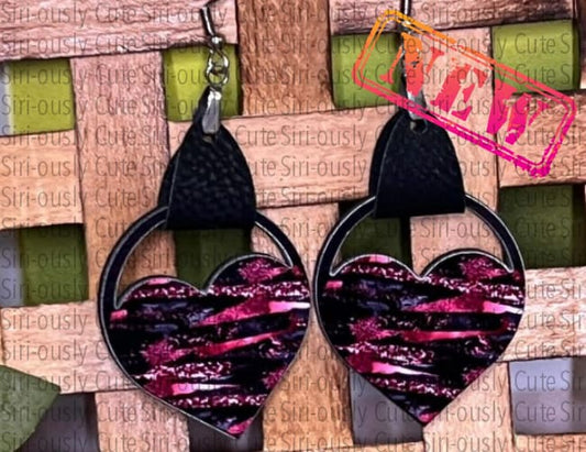 Heart With Leather Earrings - Purple And Black Lines Sublimation Transfer