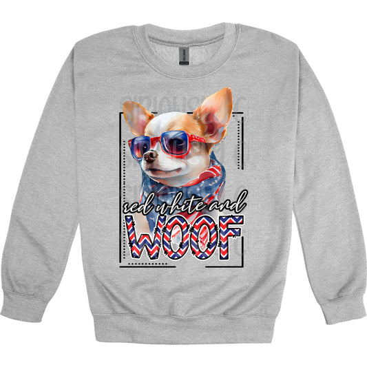 red white and woof Chihuahua