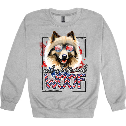 red white and woof Keeshond