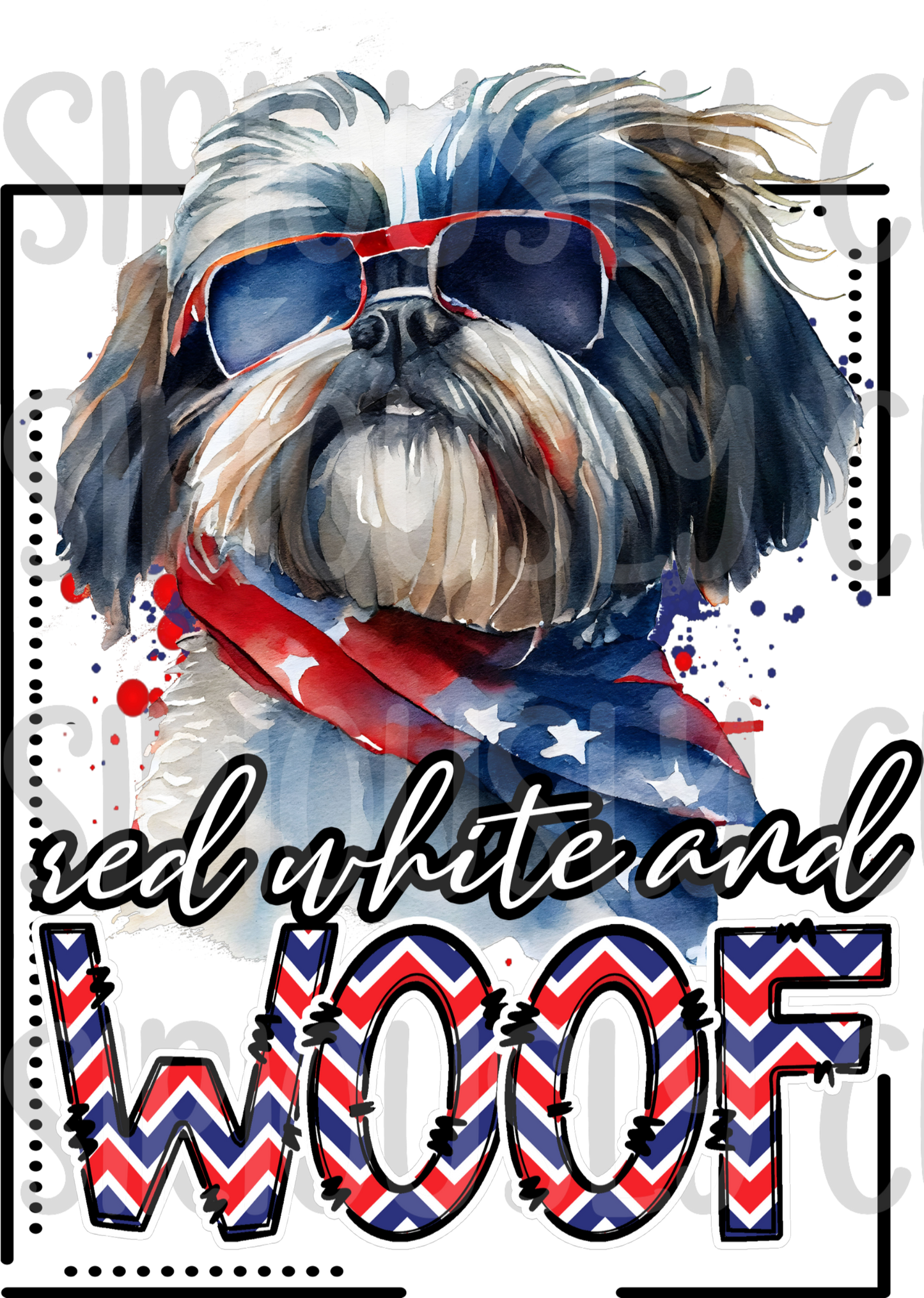 red white and woof Shih Tzu