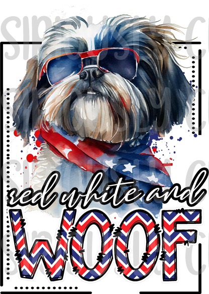 red white and woof Shih Tzu