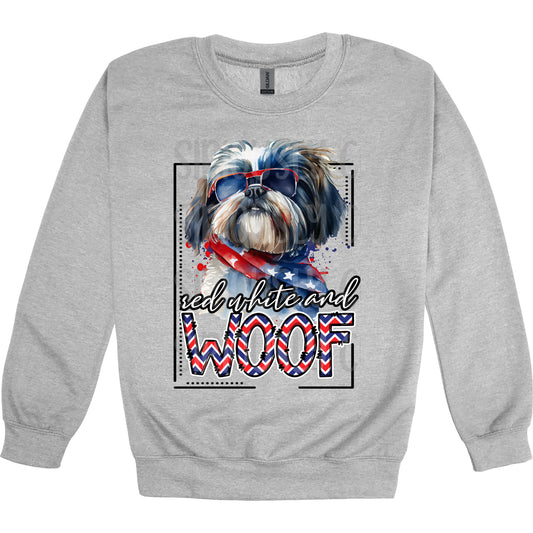 red white and woof Shih Tzu