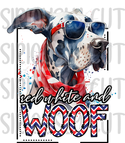 red white and woof great dane