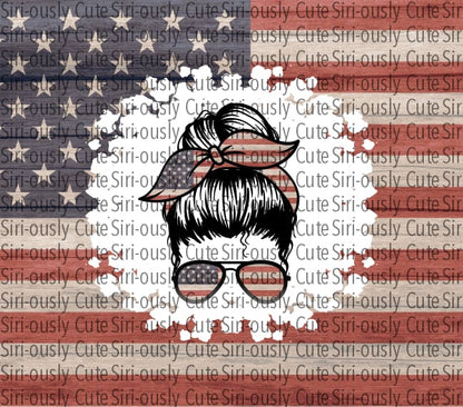 American Flag Messy Bun With Bandana Straight Tumbler