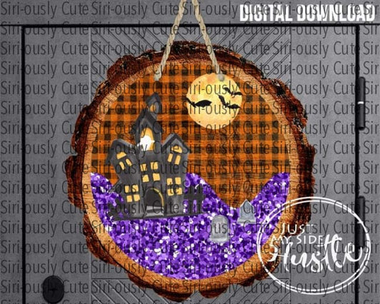 Haunted House On Orange Plaid Wood Slice