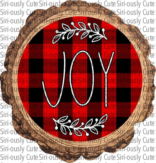 Joy - Red Buffalo Plaid With Flourish Wood Slice