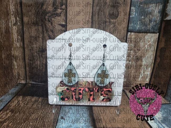 Leopard Print Cross On White Wood Teardrop Earrings