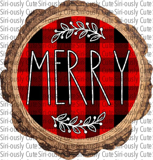 Merry - Red Buffalo Plaid With Flourish Wood Slice