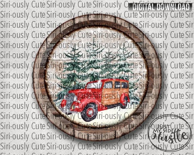 Old Red Truck With Christmas Trees And Snow Round