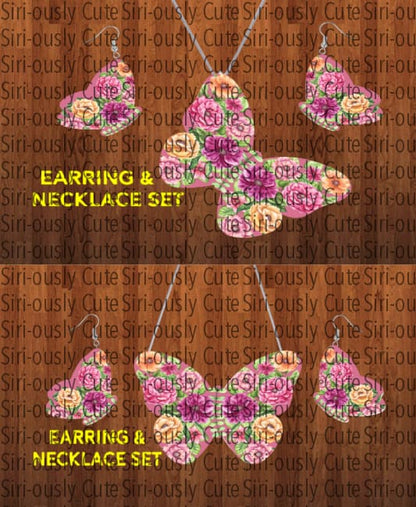 Pink And Orange Floral Butterfly - Necklace & Earring Set